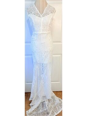 White BOHO Beach Coastal Lace Cut Out Wedding Dress With Train~8